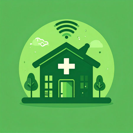 A modern vector illustration depicting the future of healthcare. A smart home or clinic is connected via a wireless signal, symbolizing the rise of telehealth, remote patient monitoring, and digital medical services. This concept represents innovation, accessibility, and convenience in modern medicine.の素材