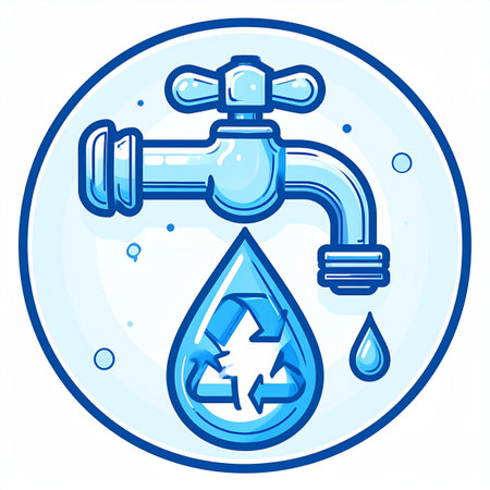 A clean, blue icon illustrates the critical concept of water conservation. A droplet containing the universal recycling symbol falls from a faucet, symbolizing the importance of reusing and managing our most precious natural resource for a sustainable future. This graphic represents a commitment to environmental stewardship and responsible water usage.の素材