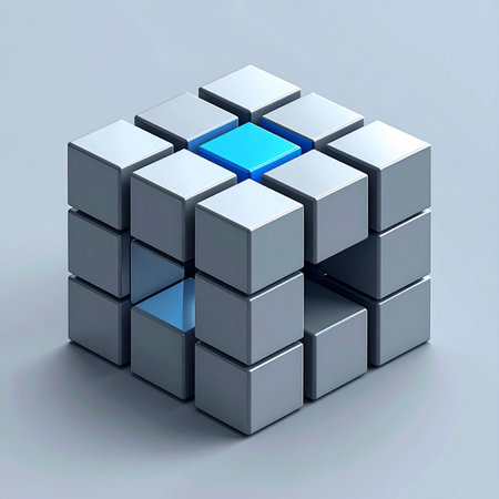 A structured assembly of metallic blocks forms a perfect cube. At its center, a vibrant blue block stands out, representing the key element, the unique solution, or the innovative idea that completes the system. A visual metaphor for leadership, problem-solving, and individuality.の素材