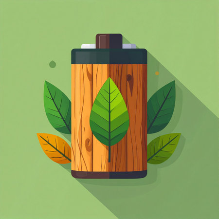 A flat design illustration showcases a battery with a natural wood grain texture, surrounded by vibrant green and autumn leaves. This powerful visual represents the fusion of technology and nature, symbolizing concepts like renewable energy, sustainable power sources, and the future of green innovation.の素材