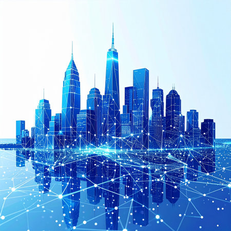 A luminous digital network blankets a futuristic metropolis, symbolizing the constant flow of data and communication that powers modern global business. This smart city represents the pinnacle of technological innovation, where every connection drives progress and shapes the future of urban living.の素材