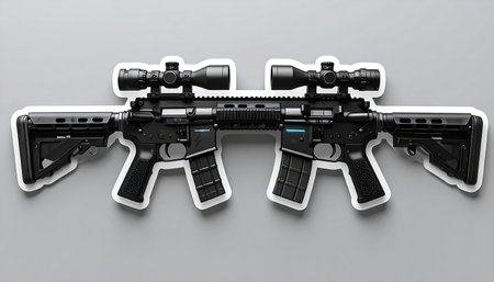 A striking, symmetrical composition features two modern tactical assault rifles, complete with scopes, mirrored against each other. This powerful graphic, presented as a clean sticker on a neutral gray background, evokes themes of duality, conflict, and precision firepower.の素材