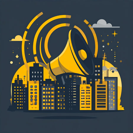 A powerful message echoes through the night as a giant megaphone broadcasts an urgent announcement across the sleeping city. This vector illustration captures the concepts of communication, public address, and the power of a single voice to awaken a metropolis.の素材