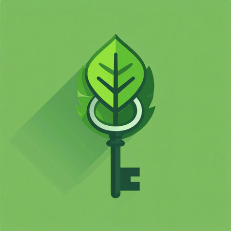 A symbolic key, crowned with a vibrant green leaf, represents the solution to unlocking a sustainable and eco-friendly future. This flat design illustration embodies concepts of environmental innovation, growth, and the discovery of green technology.の素材
