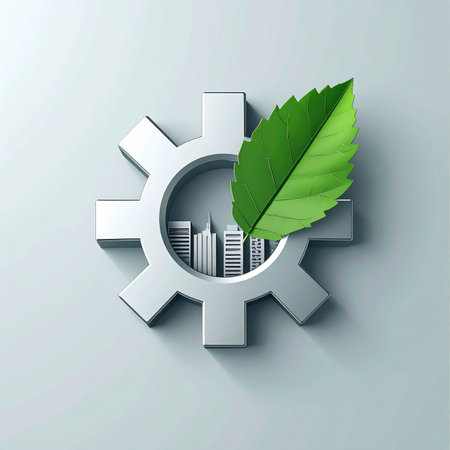 A metallic gear, symbolizing industry and progress, cradles a city skyline within its form. A fresh green leaf emerges, representing the vital integration of nature and sustainable practices into urban development, envisioning a future where technology and ecology coexist in harmony.の素材