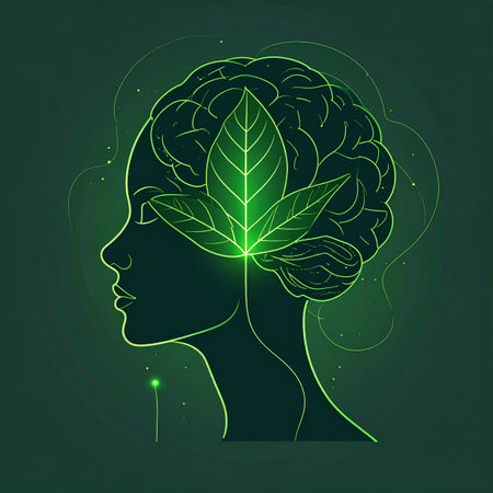 A luminous illustration depicting the profound connection between human consciousness and the natural world. A glowing leaf emerges from a stylized brain, symbolizing sustainable thinking, mental growth, and the clarity that comes from living in harmony with the environment. This concept art represents wellness, ecological awareness, and the future of mindful innovation.の素材