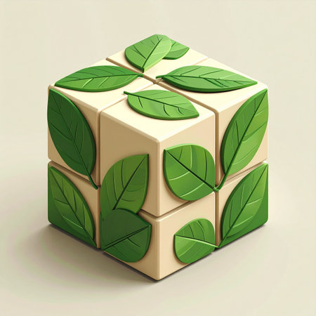A conceptual cube represents the building blocks of a sustainable future. Each green leaf symbolizes growth, environmental responsibility, and innovative solutions, fitting together to solve ecological challenges. A powerful visual for green business and strategy.の素材