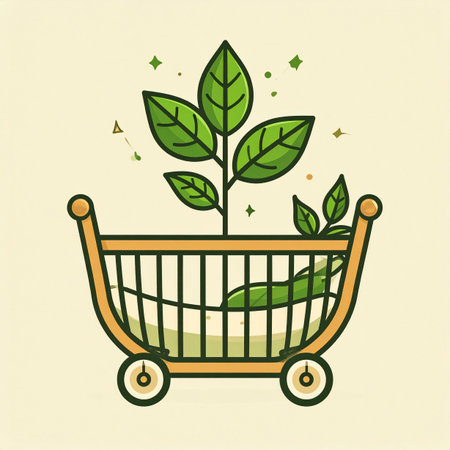 An illustration symbolizing the power of conscious consumer choices. A vibrant green plant sprouts from a shopping basket, representing the growth of sustainable business, organic purchasing, and an eco-friendly economy. This concept art highlights the positive impact of green shopping on environmental health and market trends.の素材