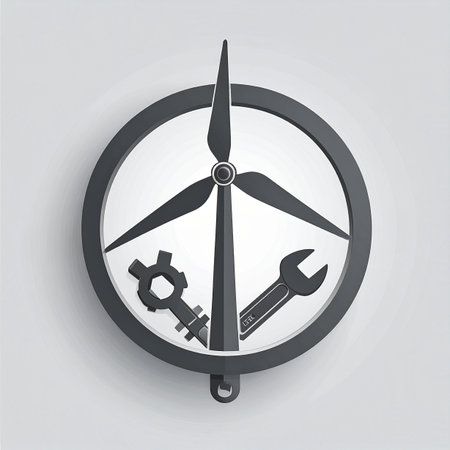 A clean, modern icon representing the essential maintenance and repair services for the renewable energy sector. This symbol, featuring a wind turbine with a wrench and gear, embodies technical expertise, reliability, and the sustainable power of wind technology.の素材