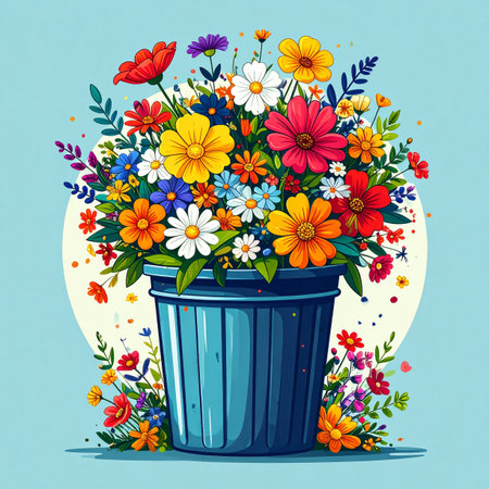 A cheerful explosion of colorful wildflowers bursts from a simple blue bucket, capturing the vibrant energy and renewal of a perfect spring day. This charming illustration is ideal for celebrating moments of happiness and natural beauty.の素材