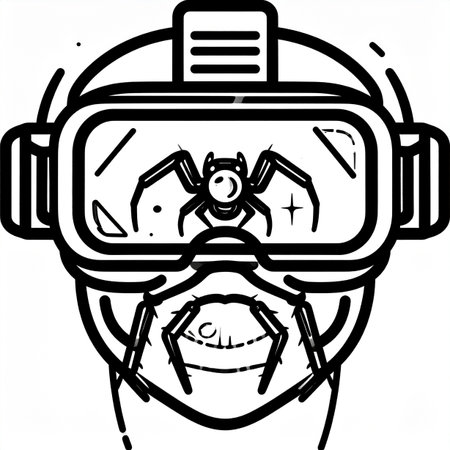 A person confronts their deepest fears through immersive technology. This line art icon illustrates the concept of virtual reality exposure therapy, where a patient faces a simulated spider to overcome arachnophobia, blurring the lines between the digital world and psychological healing.の素材