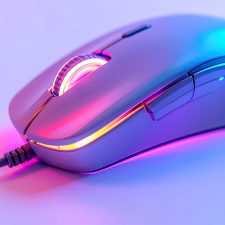 A high-performance gaming mouse glows with vibrant neon colors, ready for the next virtual battle. This close-up shot captures the sleek design and futuristic aesthetic of modern esports equipment, symbolizing precision, speed, and the immersive world of digital entertainment.の素材