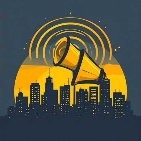 A powerful message echoes across the urban landscape as a giant megaphone broadcasts an urgent announcement over the city skyline at dusk. This illustration symbolizes the power of communication, public address, and the amplification of a single voice to reach the masses.の素材