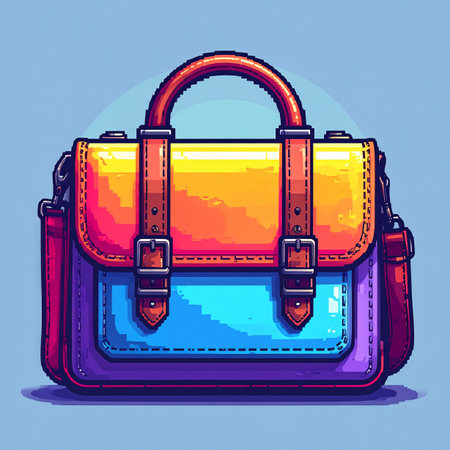 A vibrant pixel art satchel, perfect for the modern creative with a love for retro gaming. This colorful accessory carries everything from digital tablets to classic sketchbooks, blending nostalgia with contemporary style for work, school, or adventure.の素材