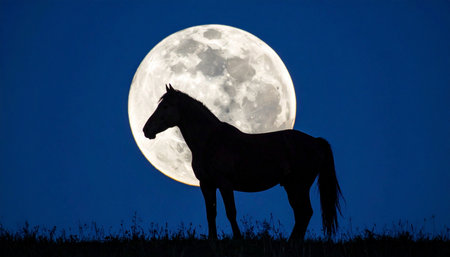 Under the watchful eye of a giant full moon, a majestic horse pauses in the darkness. This powerful image evokes feelings of freedom, mystery, and the untamed spirit of nature.の素材