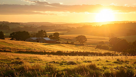 The sun dips below the horizon, casting a warm, golden glow across the rolling hills of the countryside. A peaceful farmstead rests in the valley, bathed in the serene light of the golden hour, signaling a tranquil end to the day.の素材