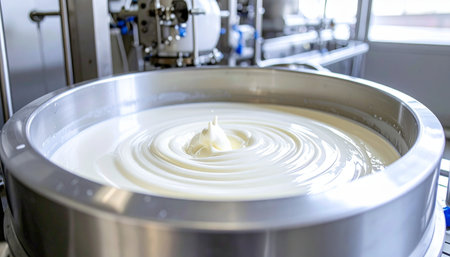 In a state-of-the-art facility, a large stainless steel vat churns a thick, creamy mixture, the heart of a precise manufacturing process. The hypnotic ripples signify quality and consistency, a testament to modern food or cosmetic production technology at work.の素材