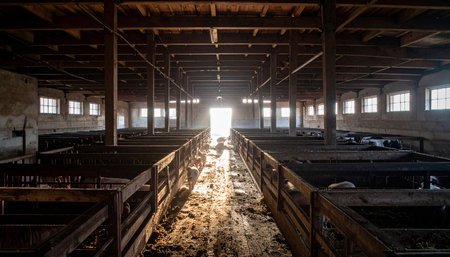 Sunlight floods through a distant doorway, illuminating the dusty aisle of a long-forgotten wooden barn. The empty stalls and decaying beams tell a story of a bygone era, while the bright light at the end offers a sense of hope, mystery, or a new beginning.の素材