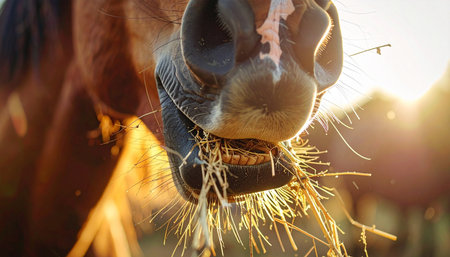 A detailed close-up captures a horse contentedly chewing on hay, its muzzle illuminated by the warm, golden light of a setting sun. The backlit straw glows, creating a peaceful and rustic scene that evokes the simple joys of farm life.の素材