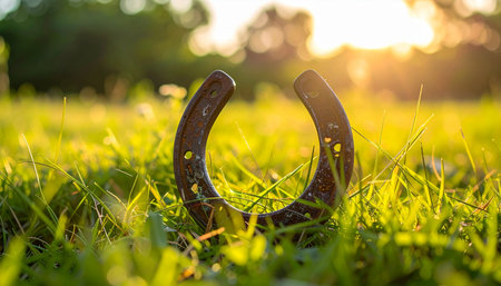 An old horseshoe stands upright in a lush green field, catching the last golden rays of a setting sun. This timeless symbol of good luck and fortune offers a sense of hope, peace, and new beginnings in a tranquil, rustic setting.の素材