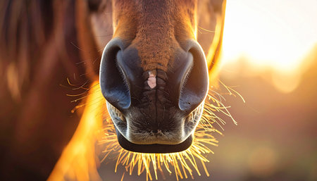 A serene close-up captures the delicate details of a horses muzzle, with its whiskers beautifully illuminated by the warm, golden glow of a setting sun. This intimate moment evokes feelings of peace, tranquility, and a deep connection to nature.の素材