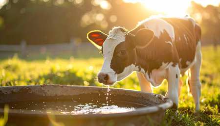 As the golden sun dips towards the horizon, casting a warm glow over the lush pasture, a young Holstein calf pauses for a refreshing drink. Water drips from its muzzle, catching the last light of the day in this idyllic and peaceful farm scene, symbolizing natural purity and simple moments of rural life.の素材