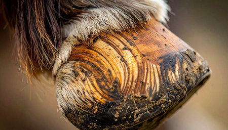A dramatic close-up reveals the severe neglect of a horses hoof, with pronounced founder rings and extreme overgrowth. This powerful image tells a story of suffering and highlights the urgent need for farrier and veterinary intervention, symbolizing the first step towards rescue and rehabilitation.の素材