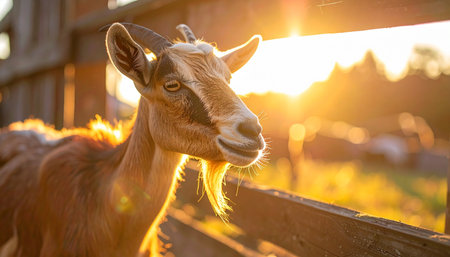 A content goat stands by a wooden fence, bathed in the warm, golden light of a setting sun. This peaceful farm scene captures a moment of tranquility and the simple beauty of rural life, with the suns flare creating a serene, idyllic atmosphere.の素材