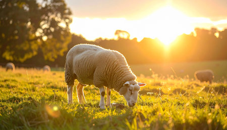 A lone sheep grazes peacefully in a lush green meadow, bathed in the warm, golden light of a setting sun. This tranquil pastoral scene captures the simple beauty and serenity of rural life and sustainable farming.の素材