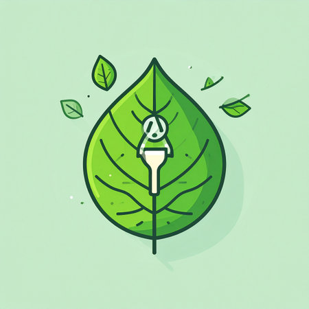 A vibrant green leaf symbolizes the heart of nature, seamlessly integrated with a power plug icon. This illustration represents the fusion of technology and ecology, a powerful concept for a sustainable future powered by clean, renewable energy and environmental responsibility.の素材