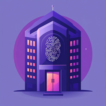 A modern building glows in the purple twilight, its facade marked by a giant fingerprint. This illustration represents the intersection of digital identity, biometric security, and institutional authority, questioning the future of privacy and access in a technologically advanced world.の素材