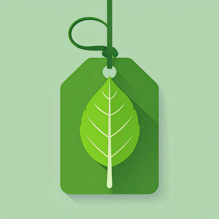 A simple yet powerful symbol of conscious consumerism. This green tag, featuring a fresh leaf, represents a commitment to sustainability, organic products, and environmentally friendly choices in the marketplace.の素材