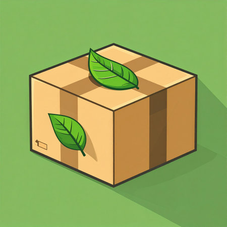 A clean vector illustration representing the future of commerce, where every package is sent with environmental responsibility in mind. This cardboard box, adorned with fresh green leaves, symbolizes a commitment to sustainable shipping, green logistics, and eco-friendly practices for a healthier planet.の素材