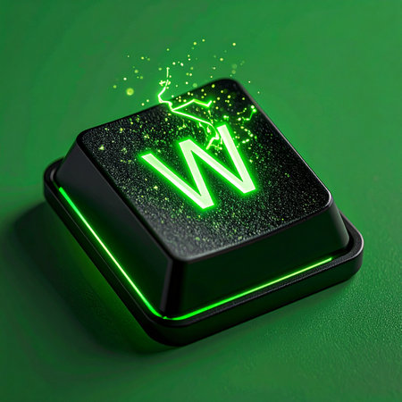 A close-up of a black keyboard key with a glowing green letter W shattering under immense pressure. Sparks of digital energy erupt from the crack, symbolizing a powerful burst, a critical game-winning move, or the breaking point of a system. Set against a dark green background, this image conveys concepts of power, intensity, and high-stakes action in the world of gaming and technology.の素材