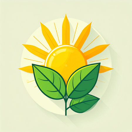 A vibrant illustration symbolizing the essential connection between solar energy and new life. A bright sun radiates warmth and power, nurturing a fresh green plant, representing concepts of growth, sustainability, and a clean, eco-friendly future.の素材