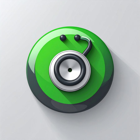 A modern, glossy green icon featuring a stethoscope, symbolizing the intersection of healthcare and technology. This graphic represents digital health diagnostics, online medical consultations, or a system wellness check, perfect for health apps, websites, and tech presentations.の素材
