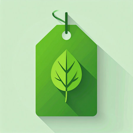 A simple green tag, marked with a single leaf, symbolizes a commitment to sustainability. This icon represents a choice for natural, organic, and environmentally friendly products, offering a clear message of ethical consumerism in a modern, flat design style.の素材