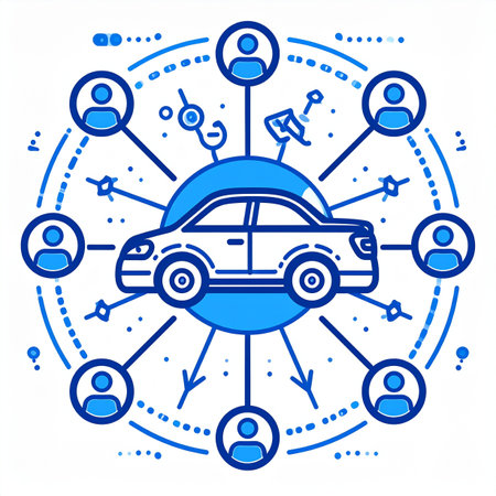 A line art illustration depicting the future of urban transport. A central smart car connects to a global network of users via satellite and data streams, symbolizing the core of a ride-sharing or car-sharing service. This concept represents innovation in the sharing economy and an interconnected automotive ecosystem.の素材