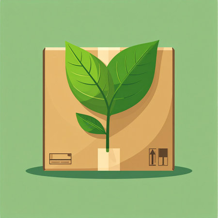 A symbol of sustainable commerce, this illustration features a green plant sprout growing from a simple cardboard box. It represents a commitment to eco-conscious business practices, green logistics, and a future where growth and environmental responsibility go hand in hand.の素材