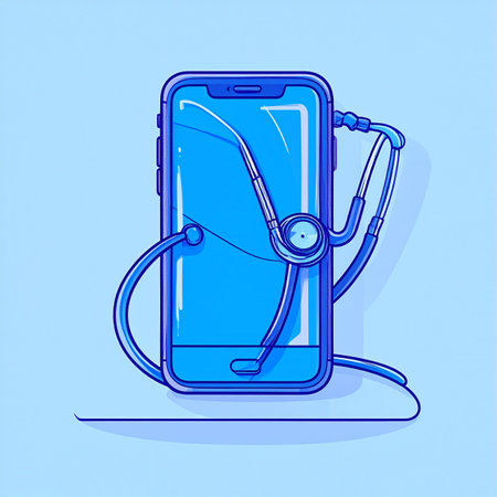 A stethoscope examines a modern smartphone in this vector illustration, symbolizing the intersection of healthcare and technology. This concept represents the rise of telemedicine, digital health apps, and remote diagnostics, where medical care and device support are just a tap away.の素材