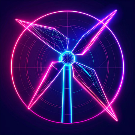 A glowing neon wind turbine visualizes the future of sustainable power. This digital illustration represents the intersection of technology, innovation, and clean energy, symbolizing a blueprint for a brighter, eco-friendly world.の素材