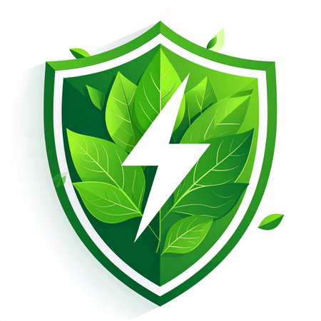 A vibrant green shield, filled with fresh leaves, proudly displays a lightning bolt, symbolizing the powerful fusion of nature and clean energy. This icon represents protection, sustainability, and the future of renewable power, perfect for eco-friendly technology and environmental conservation concepts.の素材
