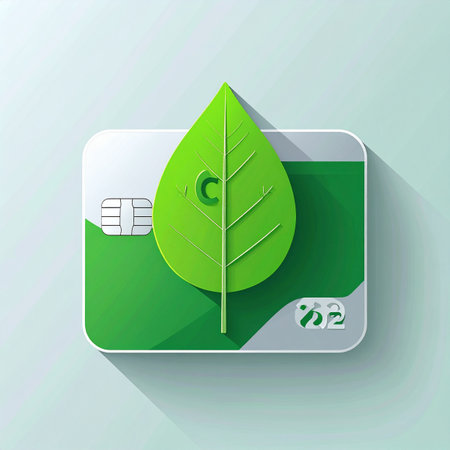 A modern flat design illustration symbolizing the fusion of finance and environmental responsibility. A vibrant green leaf rests on a credit card, representing sustainable spending, ethical investment, and the growing movement towards eco-friendly banking for a healthier planet.の素材