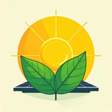 Harnessing the suns brilliant energy, this illustration captures the essence of a sustainable future. A solar panel provides the foundation for fresh green leaves, symbolizing the perfect harmony between technology and nature, representing growth and clean power.の素材