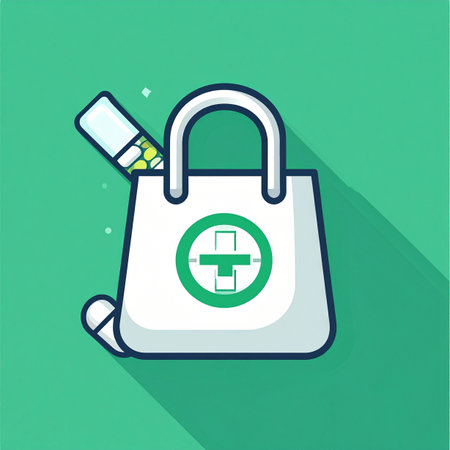A clean, modern illustration of a pharmacy shopping bag filled with essential medications. This icon represents the convenience of purchasing prescriptions, online pharmacy services, and accessible healthcare for managing health and wellness.の素材