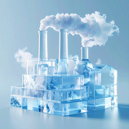 A pristine factory sculpted from clear ice emits pure white clouds, symbolizing a new era of sustainable industry. This conceptual 3D rendering illustrates the future of green technology, carbon capture, and eco-friendly manufacturing, where innovation freezes pollution for a cleaner tomorrow.の素材