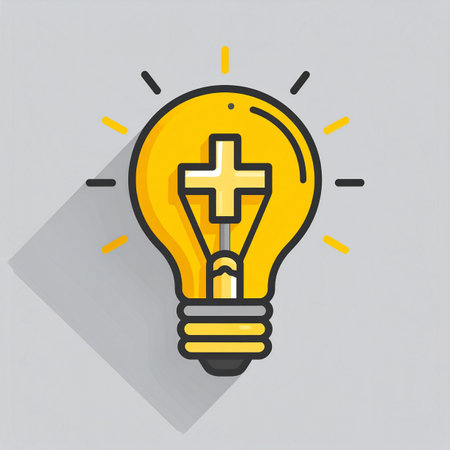 A glowing yellow lightbulb, a classic symbol of a new idea. Inside, a prominent plus sign replaces the traditional filament, representing the power of positive thinking, added value, or a beneficial concept. This flat design icon is perfect for illustrating innovation and creative solutions.の素材