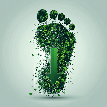A symbolic representation of environmental responsibility, where a footprint made of green leaves dissolves while an arrow points downward. This illustrates the concept of actively reducing ones carbon footprint and making a positive impact on the planets health through sustainable choices.の素材