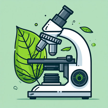 An illustration capturing the intersection of technology and nature, where a microscope stands ready to explore the intricate details of a vibrant green leaf. This image symbolizes discovery, botany, and the pursuit of knowledge in biological and environmental sciences.の素材