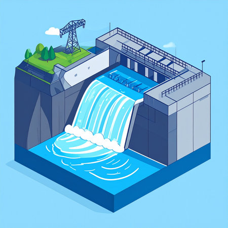 An isometric illustration of a hydroelectric power station in action. Water powerfully flows through the dams spillway, representing the generation of sustainable electricity for the nearby power grid, symbolizing innovation in green technology and environmental conservation.の素材